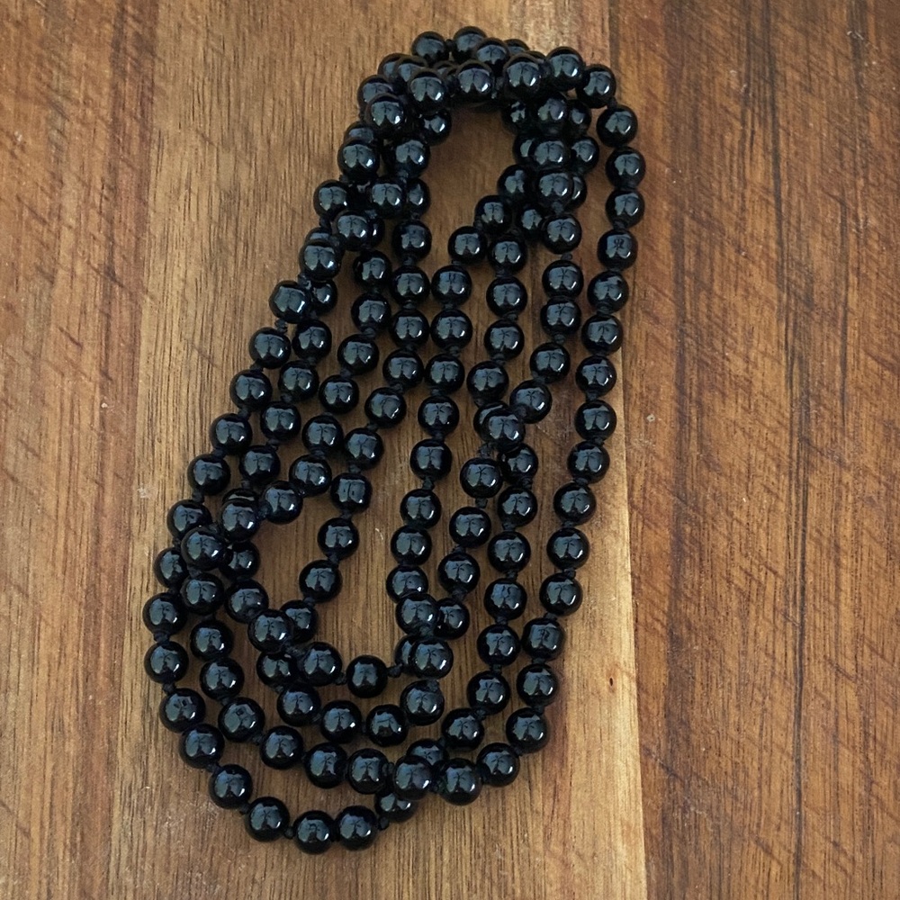 Vintage Long Black Glass Bead Statement Necklace 60" Opera Length